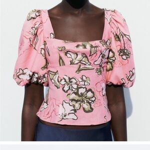 NWT Zara Floral Linen Blend Puff Sleeve  size
Medium